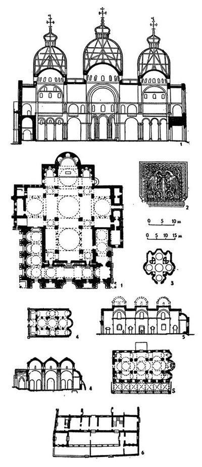 Многокупольные здания: 1 — собор Сан Марко в Венеции, XI в (план и разрез); 2 — парапет церкви на о. Торчелло близ Венеции, начало XII в.; 3 — церковь в Перистера около Фессалоник. IX в.; 4 — церковь на о. Кипре, XI—XII вв. (план и разрез); 5 — церковь на о. Кипре, XI—XII вв. (план и разрез); б — дворец Фондако деи Турки в Венеции, XI— XII вв. (часть плана)