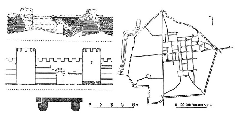 Никея в Малой Азии, античная и византийская эпохи: городские стены (план, фрагмент стены в современном состоянии; реконструкция первоначального вида части стены) и генеральный план города
