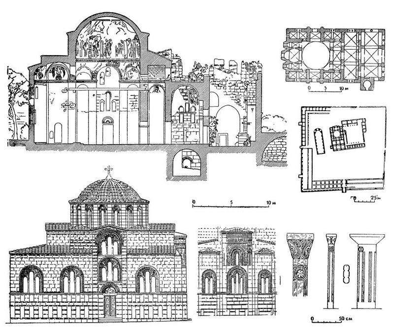 Церковь монастыря Дафни в Греции около Афин, XI в.: продольный разрез, план, южный фасад, фрагмент восточного фасада, детали колонок оконных проемов, генеральный план монастыря