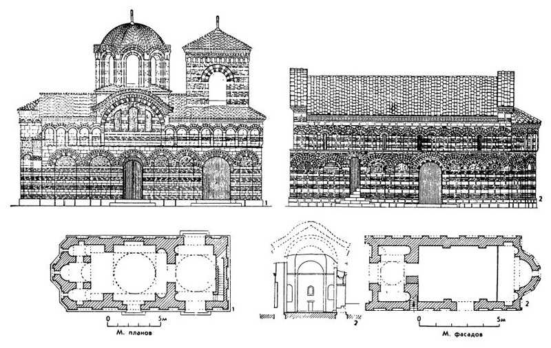 Месемврия: 1 — церковь архангелов Михаила и Гавриила, XIII—XIV вв. (план и северный фасад): 2 — церковь Параскевы Пятницы, XIII—XIV вв. (план, разрез, южный фасад)