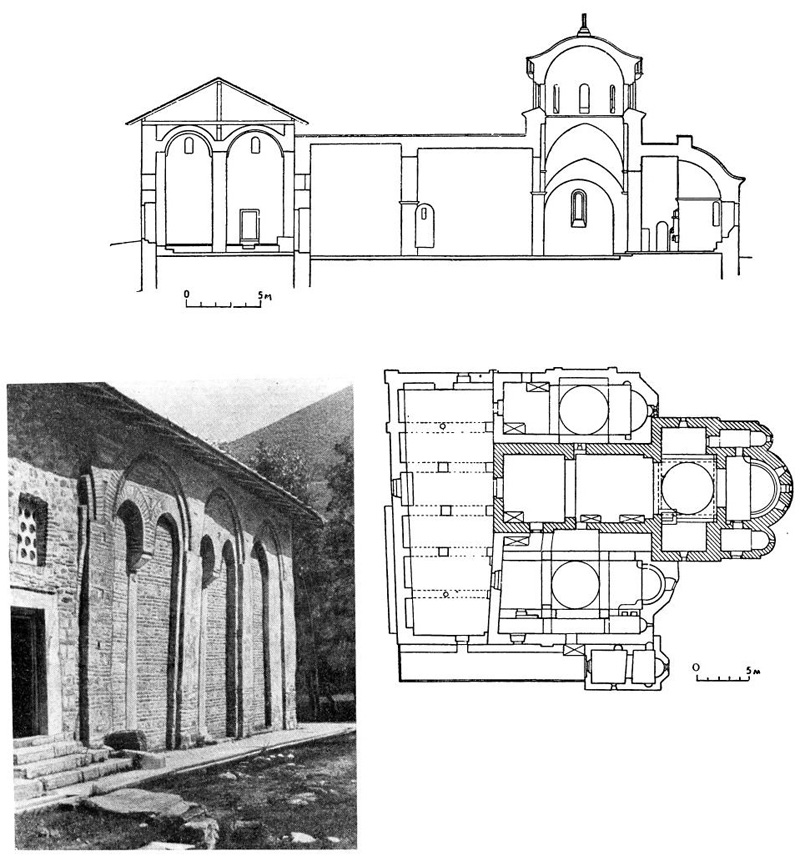 Печская патриархия. Церковь Богородицы. Продольный разрез, план, вид западного притвора
