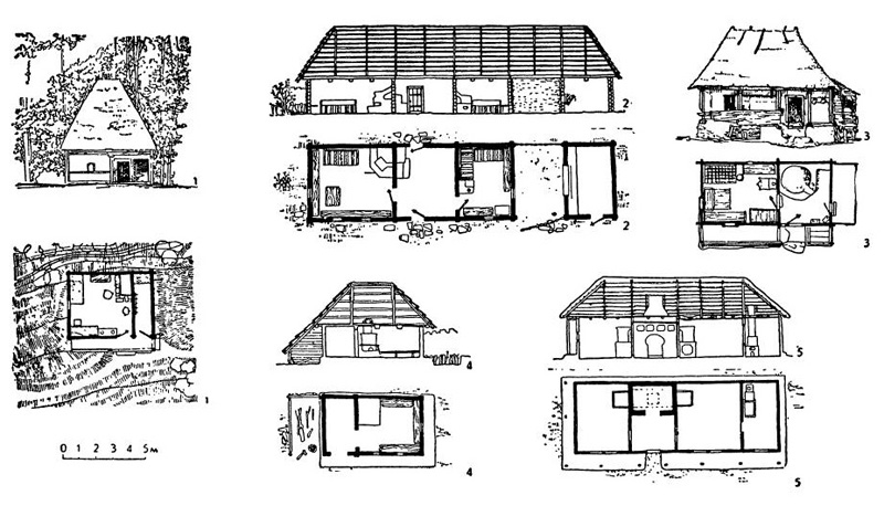 Характерные типы крестьянских домов: 1 — дом в селе Буздулар-Хунедоара (Трансильвания); 2 — дом в селе Извоаре-Аюд (Трансильвания); 3 — дом в селе Илва Мике-Клуж (Трансильвания) 4 — дом в селе Фиербинци-Бухарест (Валахия); 5 — дом в селе Вынэтори-Бакэу (Молдавия)