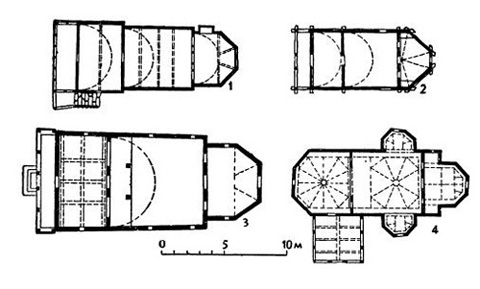 Характерные типы планов деревянных церквей: 1 — церковь в селе Грэмешти-Хорезу (Валахия). 1664 г.; 2 — церковь в селе Порчени-Тыргу-Жиу (Валахия), XVII— XVIII вв.; 3 — церковь в селе Сурдешти-Бая Маре (Трансильвания), 2-я половина XVII в.; 4 — церковь в селе Рэпчуни-Бакэу (Молдавия), 1773 г.