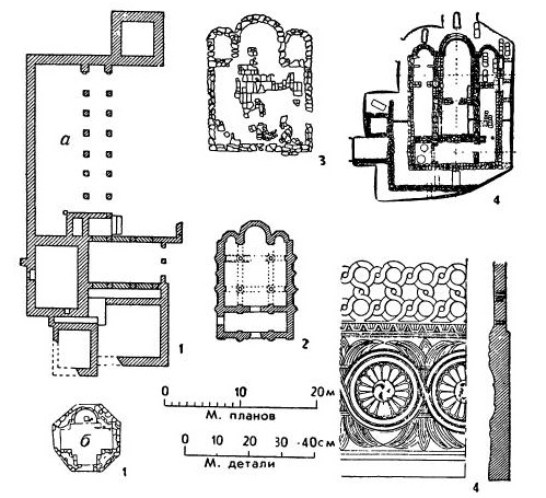 7. Средневековые сооружения Крыма: 1 — Мангуп; а — дворец, XIII—XIV вв.; б — октогон, VI в.; 2 — Керчь. Церковь Иоанна Предтечи, X—XIII вв.; 3 — Коктебель (Планерское). Базилика, VII—VIII вв.; 4 — Партенит (Фрунзенское). Базилика, VII—VIII вв.