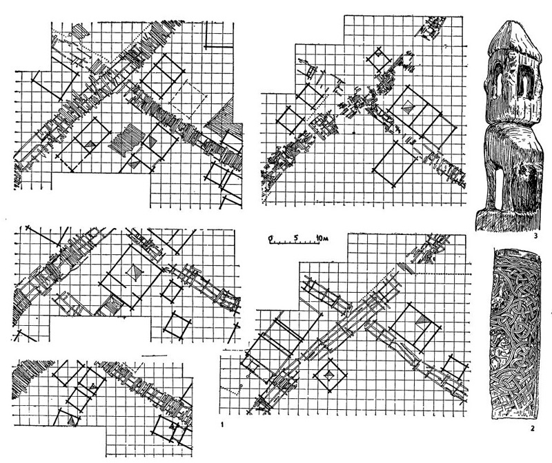 Новгородские жилые дома: 1 — планы новгородских жилых домов X—XI вв.; 2 — фрагмент резного крылечного столба (из новгородских раскопок); 3 — деревянная модель здания (из раскопок)
