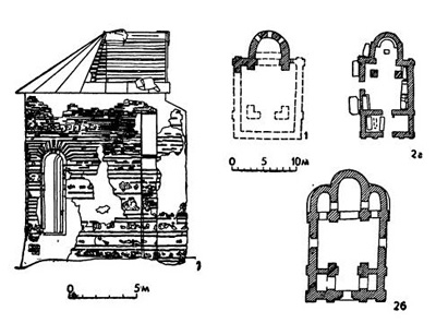 Церкви конца XI в.: 1 — Остёр. Михайловская божница 1098 г. (фрагмент фасада и план); 2 — Переяславль: а — Спасская церковь, конец XI в.; б — Богородичная церковь, 1098 г.