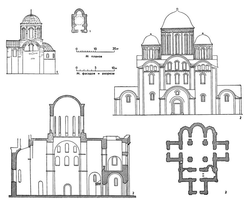 Чернигов 1 — Ильинская церковь, XII в. (южный фасад и план); 2 — Успенский собор Елецкого монастыря, середина XII в. (западный фасад, продольный разрез и план)