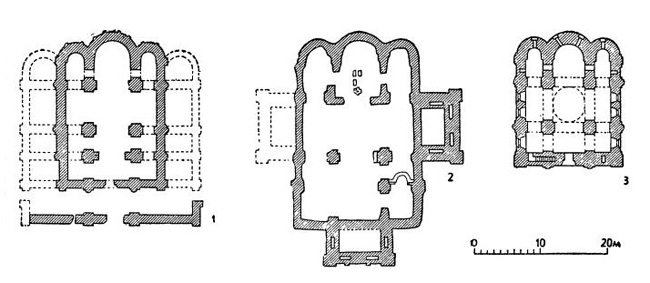 Церкви XII в. 1 — Смоленск. Собор Борисоглебского Смядынского монастыря, середина XII в.; 2 — Старая Рязань. Успенская церковь, XII в.; 3 — Смоленск. Петропавловская церковь, 1146 г.