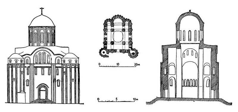 Овруч. Церковь Василия, конец XII в. Западный фасад, план и поперечный разрез