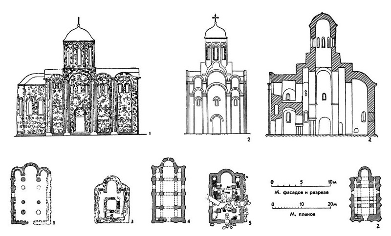 Церкви XII в. 1 — Гродно. Борисоглебская церковь на Коложе, XII в. (северный фасад и план); 2 — Полоцк. Собор Евфросиньевского монастыря, середина XII в., зодчий Иван (западный фасад, продольный разрез и план); 3 — Минск. Церковь на Замчище, XII в. (план); 4 — Витебск. Церковь Благовещения, XII в. (план); 5 — Гродно. Нижняя церковь, XII в. (план) Церкви XII в. 1 — Гродно. Борисоглебская церковь на Коложе, XII в. (северный фасад и план); 2 — Полоцк. Собор Евфросиньевского монастыря, середина XII в., зодчий Иван (западный фасад, продольный разрез и план); 3 — Минск. Церковь на Замчище, XII в. (план); 4 — Витебск. Церковь Благовещения, XII в. (план); 5 — Гродно. Нижняя церковь, XII в. (план)