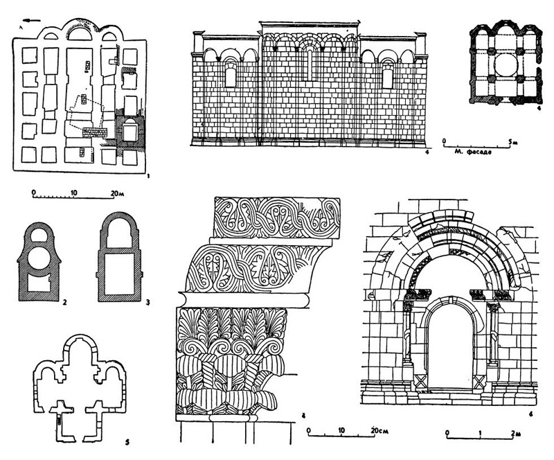 Церкви XII—XIII вв. Галич: 1 — Успенский собор, 1157 г. (план); 2 — Ильинская церковь, XII—XIII вв. (план); 3 — церковь „под Дубравой“, XII—XIII вв. (план); 4 — церковь Пантелеймона, XII в. (восточный фасад, план, западный портал и его деталь); 5 — Львов. Церковь Николая, конец XIII в. (план)