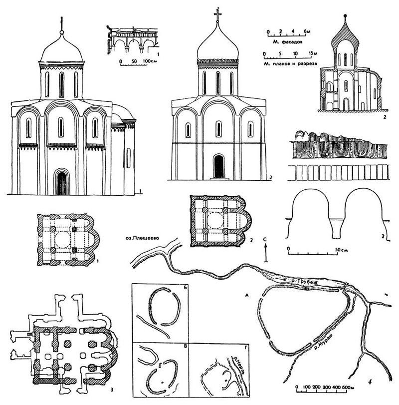 Церкви XII в. 1 — Кидекша. Церковь Бориса и Глеба, 1152 г. (план, реконструкция южного фасада, деталь аркатуры); 2 — Переславль-Залесский. Спасо-Преображенский собор, 1152—1157 гг. (план, разрез, реконструкция западного фасада, фриз апсид); 3 — Суздаль Успенский собор, XI—XII вв. (план); 4 — планы крепостей времени Юрия Долгорукого: А — Переславль-Залесский; 5 —Юрьев-Польский; В — Дмитров; Г — Кидекша