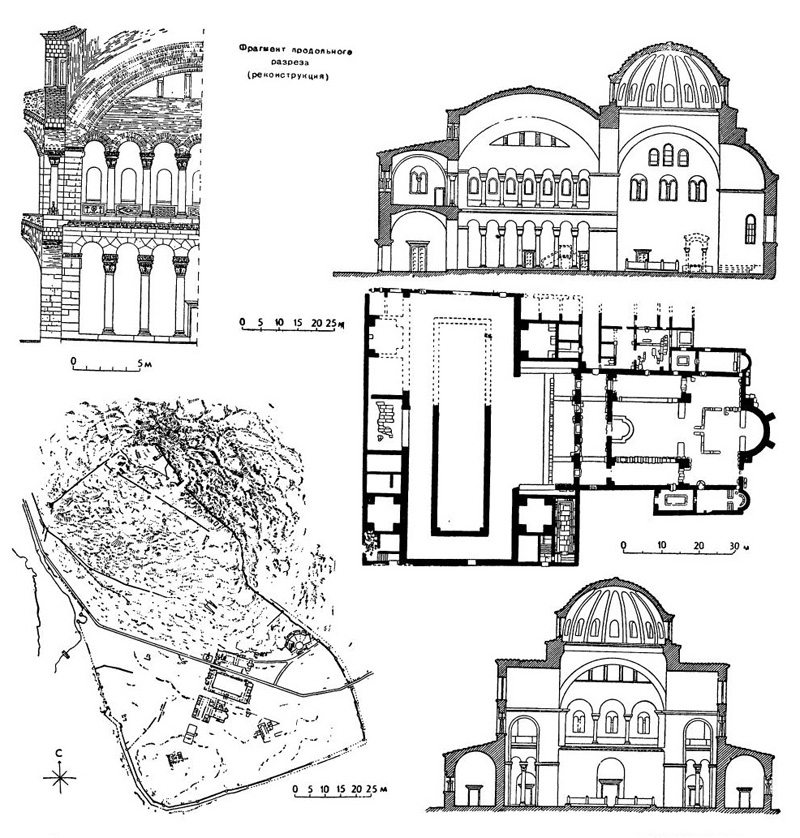 Филиппи в Македонии. Купольная базилика, 2-я половина VI в.: генеральный план города; план купольной базилики; продольный и поперечный разрезы; фрагмент продольного разреза (реконструкция)
