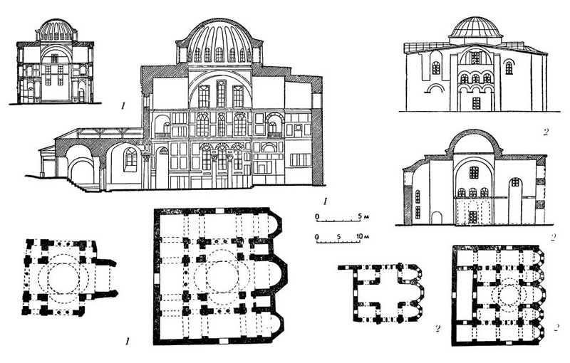 Церкви Константинополя IX в. 1 — Календер (поперечный и продольный разрезы, план сохранившихся частей; реконструкция плана первоначального здания. 2 — Аттик (южный фасад, продольный разрез; план сохранившихся частей; реконструкция плана первоначальной постройки)