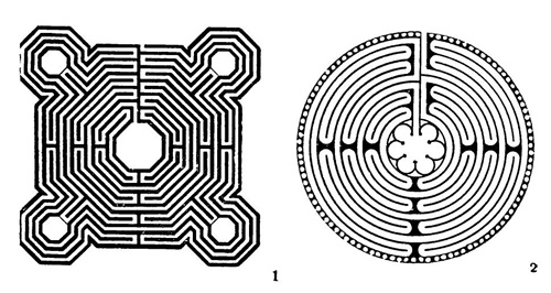 «Лабиринты»: 1 — Реймский собор; 2 — собор в Шартре