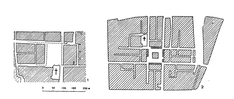 Площади в новых городах 1 — бастида д’Арманьяк; 2 — Дамазан