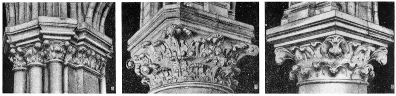Париж. Собор Парижской богоматери. Капители: а — опоры на галерее; б, в — столбы среднего нефа Париж. Собор Парижской богоматери. Капители: а — опоры на галерее; б, в — столбы среднего нефа