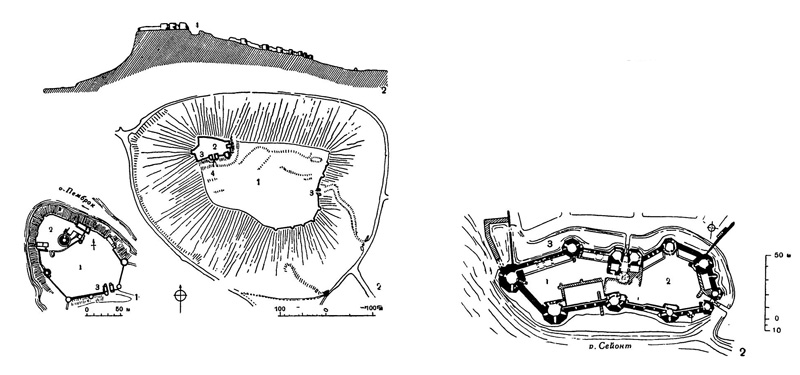 Замки: 1 — Пемброк, около 1200 г.; 2 — Бестон, около 1225 г. (1 — внешний двор; 2 — внутренний двор; 3 — ворота; 4 — ров)