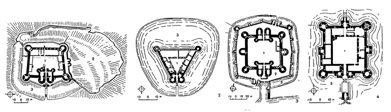 Планы замков конца XIII—XIV в.: 1 — Харлех; 2 — Кэрляверок, 1280 гг.; 3 — Бомари, 1295—1320 гг.; 4 — Бодиэм, 1389—1390 гг.