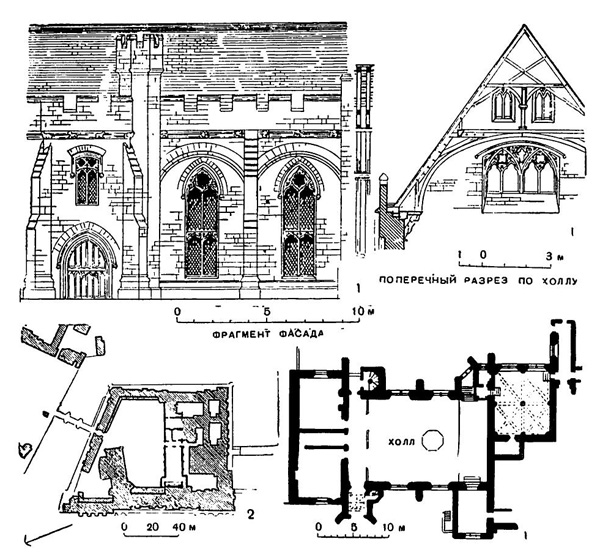 Графство Кент. Замок Пенсхёрст Плейс, 1335 г. (1); Эльтхем. Епископский дворец, XV в. (2)