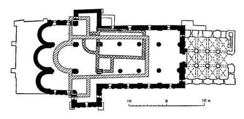 Роменмстье. Развитие плана церкви в VI—VIII вв.