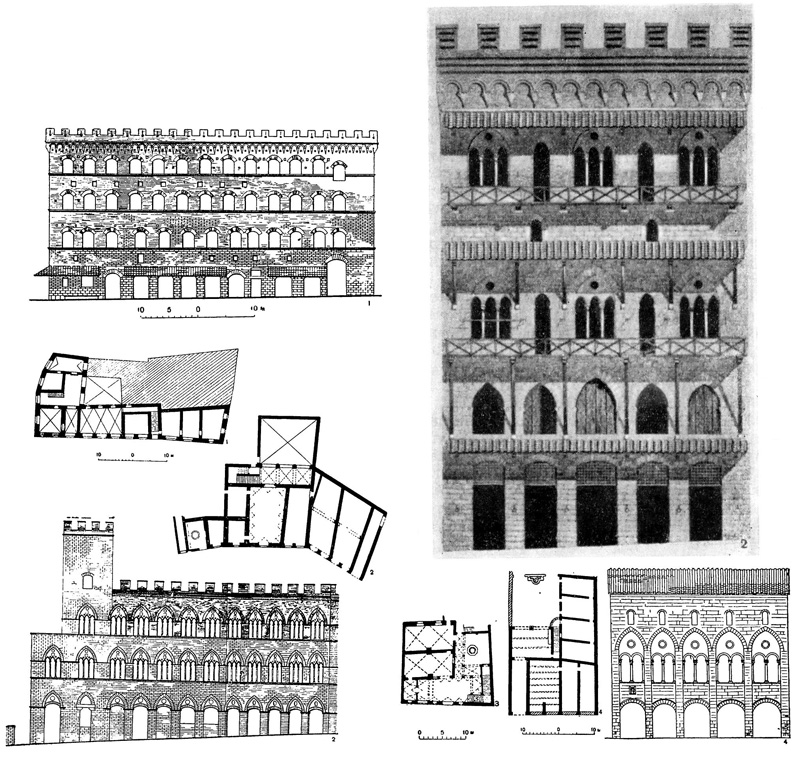 Сиена. Жилой дом башенного типа (Каза ди Виа Чекко Анджолиери), начало XIII в. Реконструкция / Флоренция. Палаццо Спини, конец XIII в. (1); Сиена. Палаццо Марескотти, XIV в. (2); Сиена. Палаццо Буонсиньори, 1-я половина XV в. (3); Пиза. Палаццо Медичи, XIV в. (4)