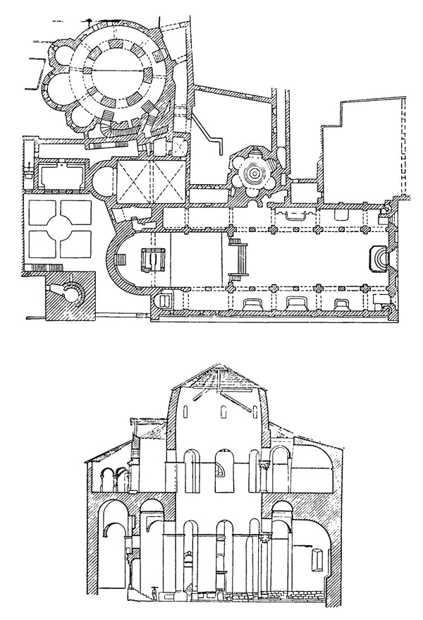 Задар. Церковь Доната, 805 г. Разрез, план вместе с планом баптистерия и собора 2-й половины XIII в.