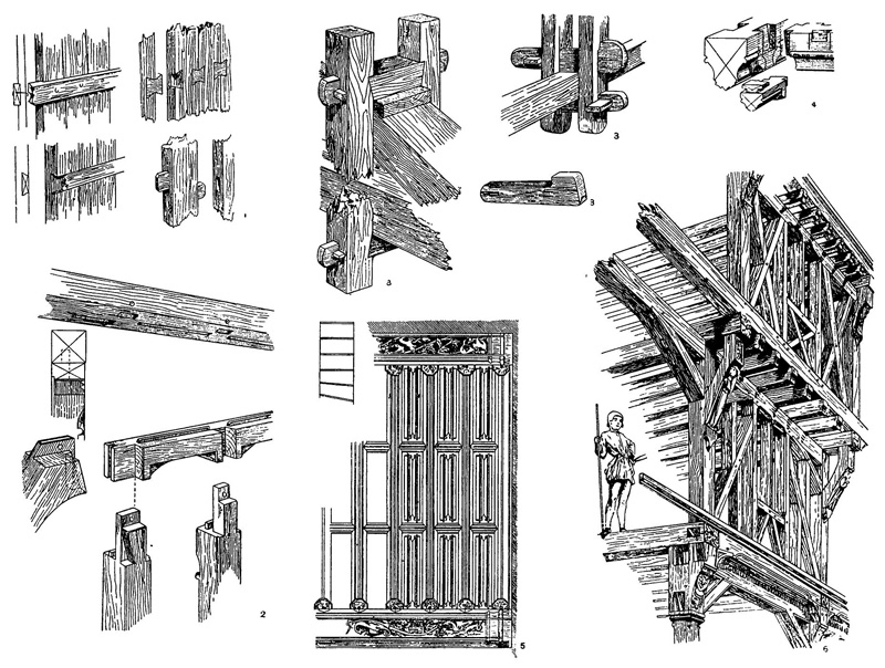 Строительное применение древесины: 1 — способы сплотки досок; 2 — соединения брусьев шипом; 3 — конструкция узлов стропильных ферм; 4 — профили галтельных столярных изделий; 5 — филенчатое дверное полотно; 6 — фахверк