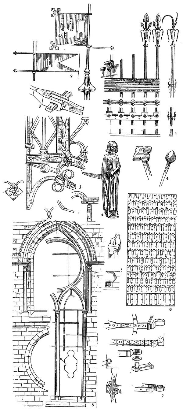 Строительное применение металла: 1 — решётки; 2 — флюгеры; 3 — соединение чекой; 4 — гвозди; 5 — оконный переплет; 6 — обивка двери листовым железом; 7 — дверные петли